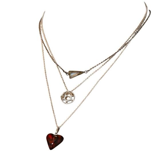 Lot Of 3 Stackable Sterling Silver Layered Necklace Set Labradorite Amber Boho - Picture 2 of 16